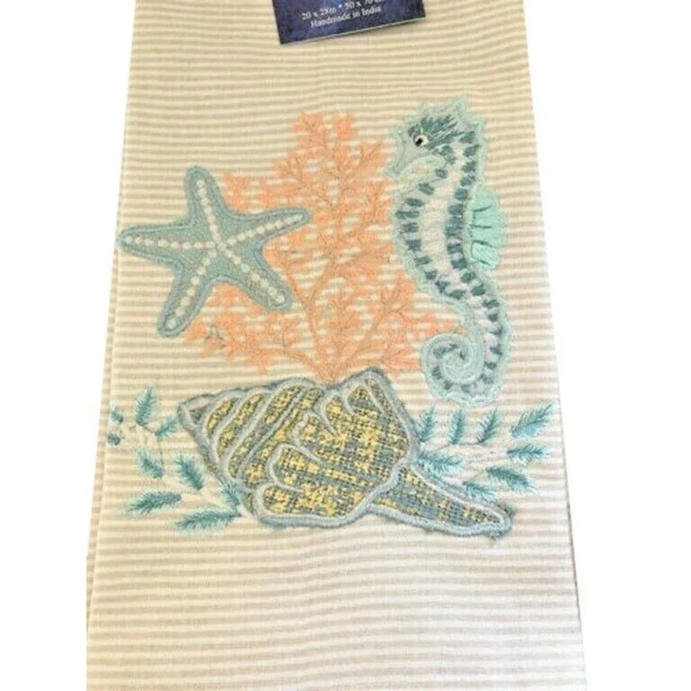 Nautical Embroidered Kitchen Dish Towels Set of 2 Starfish Seahorse 100% Cotton